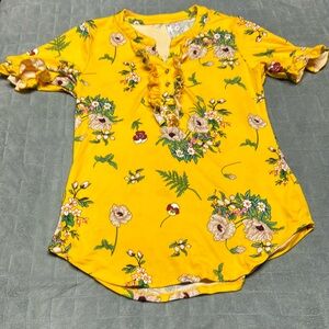 DNA Couture Yellow Blouse, Floral, Ruffles, Short-Sleeve, Boho, Vintage, Size S